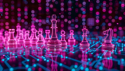 Wall Mural - chess pieces on board in neon lights. circuit board pattern and binary code symbolizing artificial i