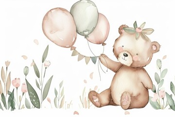 Canvas Print - Isolated white background with watercolor hand drawn illustration of a teddy bear, balloons, and flags