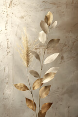 Wall Mural - Close up of a terrestrial plant with gold leaves against a wall