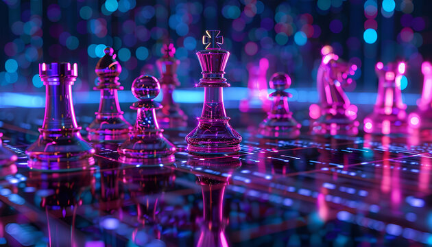 Chess pieces on board in neon lights. Circuit board pattern and binary code symbolizing artificial intelligence