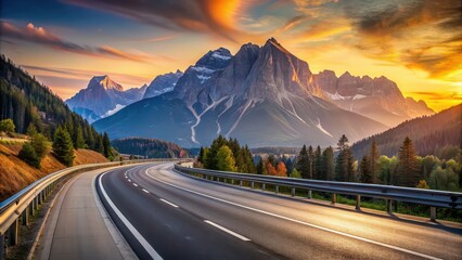 Wall Mural - Empty highway winding through Italian Alps with sunset-lit sky and mountain peaks in the background, empty, highway