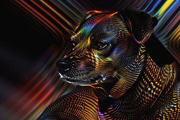 Wall Mural - Hologram or digital portrait of a dog with colorful, flowing neon lines on black background