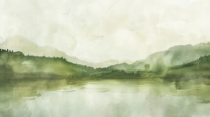 A tranquil lake and rolling hills can be seen in the background of this watercolor landscape