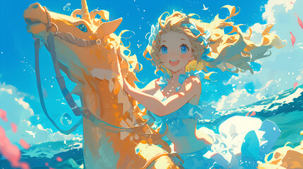 Wall Mural - sea ​​fantasia anime riding seahorses