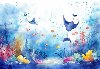 Wall Mural - Illustration of underwater sea life with watercolors.