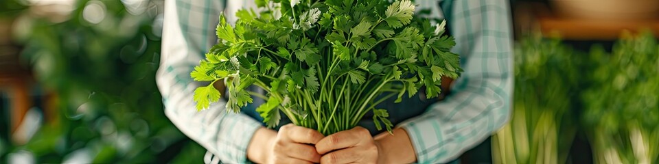 Canvas Print - close-up of a woman holding coriander in her hands. Selective focus