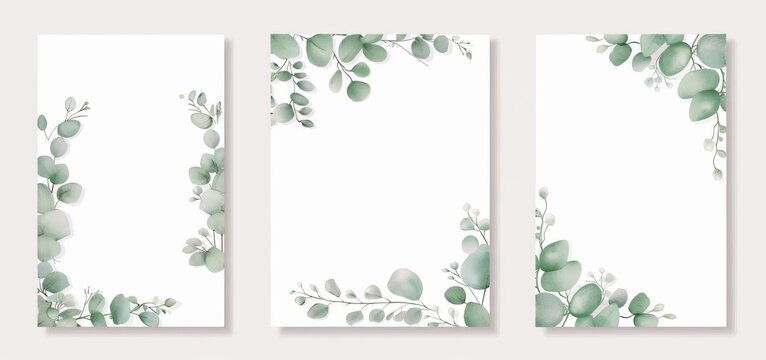 Design wedding invitation card template in watercolor with green eucalyptus leaves.