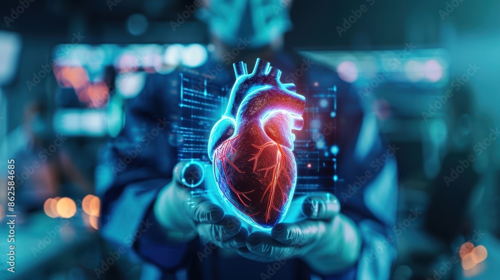 Futuristic medical technology with a holographic human heart being ...