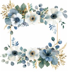 Wall Mural - With dusty blue flowers and branches, this watercolor modern winter frame captures the essence of winter.