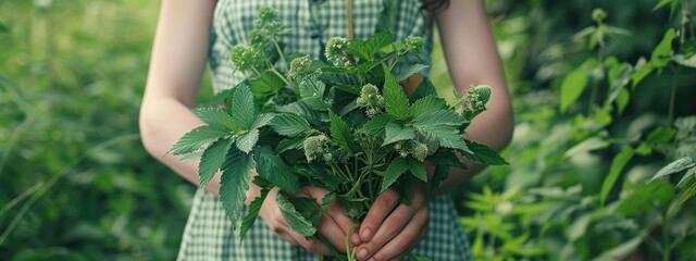 Wall Mural - close-up of a woman holding a nettle in her hands. Selective focus