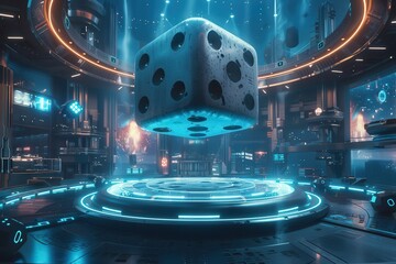 Wall Mural - A cube is floating in the air in a futuristic setting
