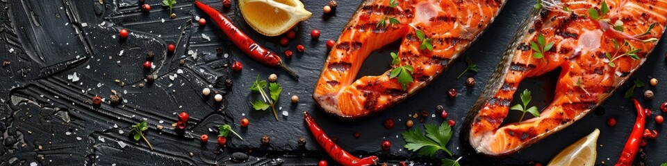 Wall Mural - close-up of grilled salmon on a plate. Selective focus