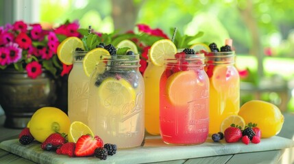 Wall Mural - Colorful lemonade flavors adorn mason jars, adorned with fresh fruit and berries, creating a refreshing summer treat on the porch