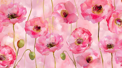 Wall Mural - Poppy Pink Flower Illustration with Gold Accents. Nature Flowers Blossom summer Time Beauty. Flora as Wallpaper or Background Hand Drawn Watercolor 