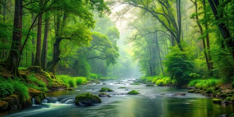 Sticker - Lush forest river on misty day with meandering watercourse, verdant, watercourse, meanders, forest, misty, fluvial, landforms