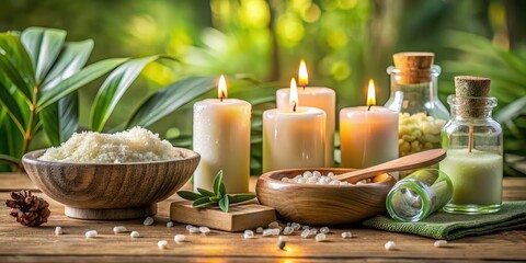 Canvas Print - Tranquil spa setting with a variety of accessories, candles, essential oils, and bath salts, spa, relaxation