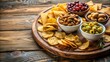 © Sujid - A close-up shot of traditional aperitif snacks including chips, olives, and salted peanuts on a wooden platter