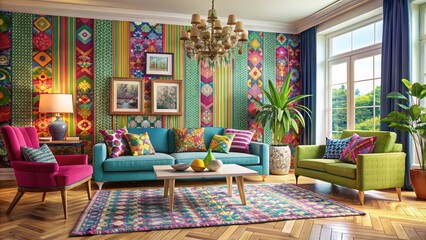 Canvas Print - Eclectic living room with bold patterns and vibrant colors , colorful, eclectic, vibrant, living room, interior