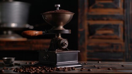 Wall Mural - Grind coffee beans with this old-fashioned manual coffee grinder on a sleek black backdrop