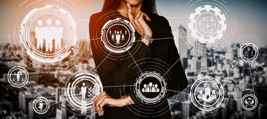 Wall Mural - Human Resources Recruitment and People Networking Concept. Modern graphic interface showing professional employee hiring and headhunter seeking interview candidate for future manpower.
