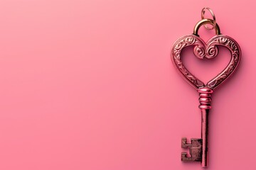 Key To Heart. Heart Shaped Lock and Key on Pink Background for Love Concept