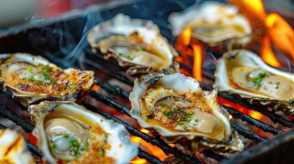 Wall Mural - close up of grilled oysters. Selective focus