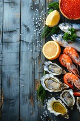 Wall Mural - seafood on wooden background top view. Selective focus