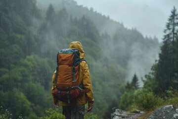 Poster - Hike Rain. Solo Hiker with Professional Backpack in Foggy Jungle Mountain Adventure