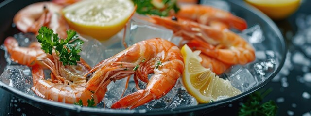 Wall Mural - close up shrimp ice and lemon. Selective focus