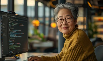 high-resolution portrait of asian woman with glasses coding and smiling at desk in blurry office background