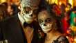 © XaMaps - Couple wearing sophisticated evening attire and elaborate Day of the Dead masks at an upscale gala event.