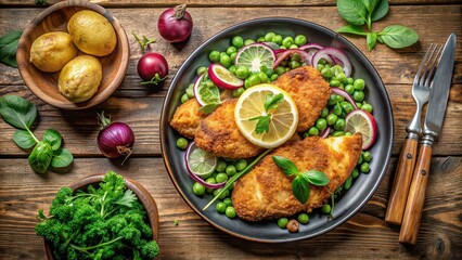 Wall Mural - Breaded chicken cutlet with baked potatoes, green peas, rocket leaves, red onion