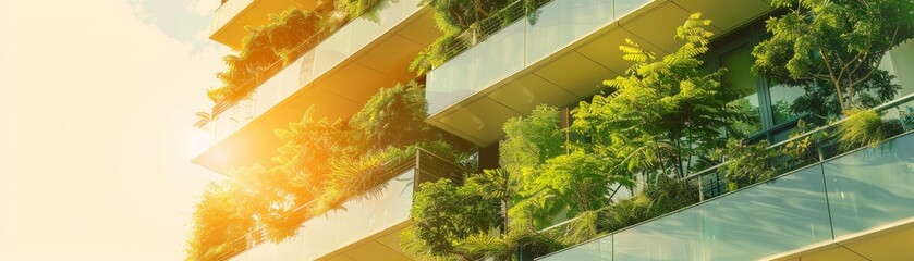 Wall Mural - Eco-friendly building. Sustainable office building with garden on balconies for reducing carbon dioxide. Office building with green environment. Corporate building reduce CO2. Net zero building.