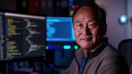 The picture of the software developer or programmer working with the computer and data inside the dark room with monitor, the developer require skills like problem solving and program language. AIG43.