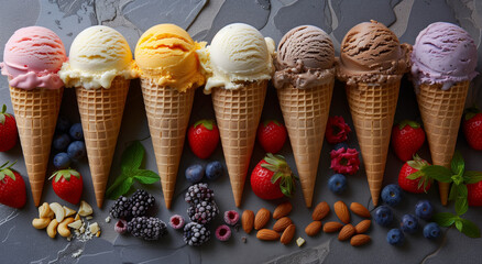 Wall Mural - A delightful assortment of ice cream cones in various flavors, arranged with fresh fruits and nuts. The colorful and appetizing presentation is ideal for dessert and summer themes