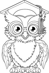 Wall Mural - A wise owl bird cartoon cute character. Wearing a graduation, convocation or professor teacher mortar board cap or hat and glasses.