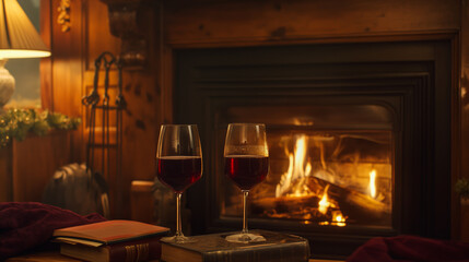 A cozy winter evening setting featuring a fireplace with two glasses of red wine and a vintage book on the mantelpiece.