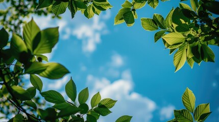 Wall Mural - green leaves on tree branches under blue sky