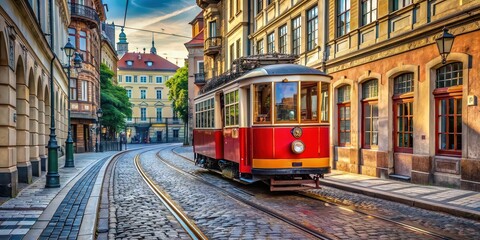 Poster - Historical tram navigating through the cobblestone streets of the old town, nostalgic, vintage