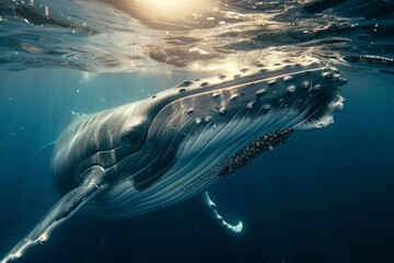 Wall Mural - The surface of blue water is home to a baby humpback whale