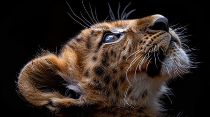 An adorable lion cub is photographed lying on its back on a black background