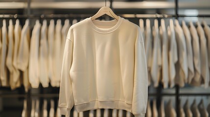 Wall Mural - Blank ivory sweatshirt hanging on hanger on horizontal rack in cozy clothing store. Mock up template for sweatshirt design, new collection line, print area for logo or design