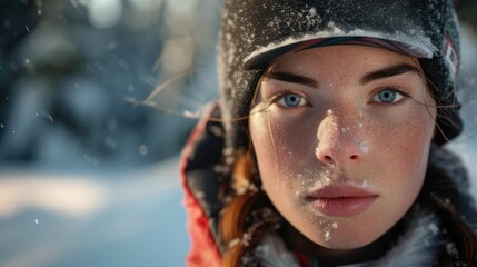 Wall Mural - The close up picture of the person looking at the camera with the white snow background in the middle of the snowy ice field, the skill require for ice field are fitness, ice safety knowledge. AIG43.