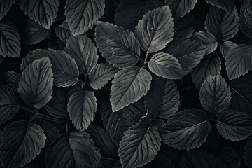Wall Mural - 
Black and white leaves pattern, abstract foliage texture background, monochrome nature concept for banner design or wallpaper. 