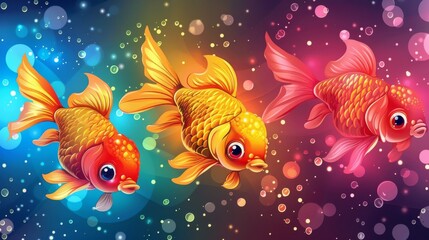 Wall Mural - A cute set of cartoon fish isolated on dark background. Illustrations of ocean animals with big eyes and smiles. Tropical coral reef inhabitants with colorful eyes.