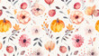 © Juli Soho - Floral and Pumpkin Autumn (Flowers) Seamless Pattern for Wallpaper or Background. Illustration Vector Style with Texture and Decoration. Flower with Leaves and Flora Blossom at Spring