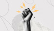 © accogliente - Trendy Halftone Collage Raised Fist up. Demonstration of protest. Fight for your rights. Power sign. Success and strength. Feminism concept. Magazine style. Contemporary vector art illustration