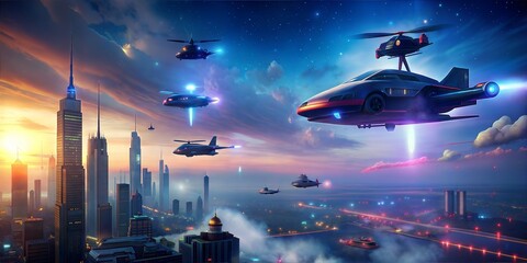 Sticker - flying plane in the city,3d rendering