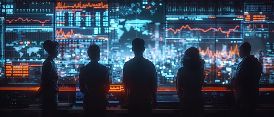 Futuristic technology concept. Team of artificial intelligence software engineers and finance workers in financial stock market