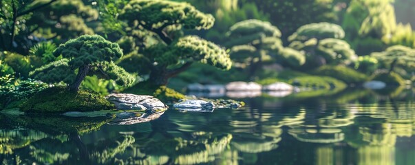 Wall Mural - Serene Japanese garden with pond reflections and lush greenery